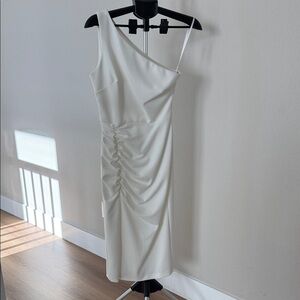 Betsy and Adam White One-Shoulder Asymmetrical Ivory Midi Dress